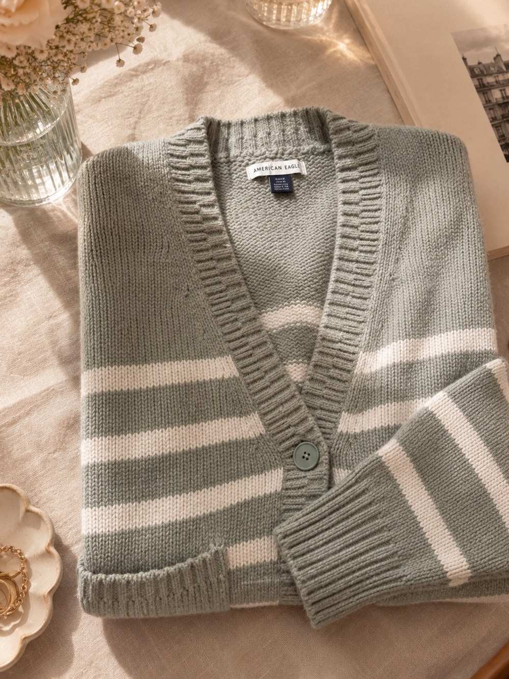 American Eagle Outfitters Sage Green and White Striped V‑Neck Cardigan